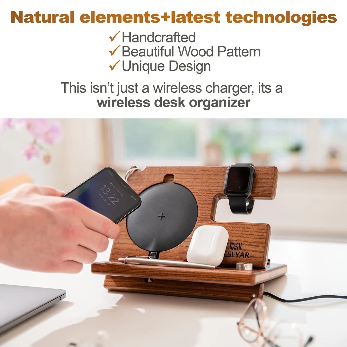 Phone Docking Station Ergonomic Wallet Stand Watch Organizer Natural Wooden Gift