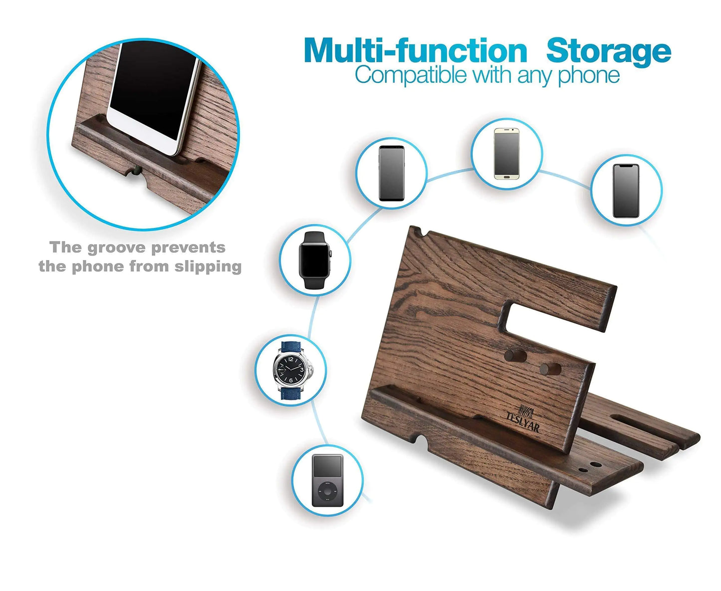 Wood Phone Docking Station Ash Key Hooks Wallet Stand Watch Organizer for Men