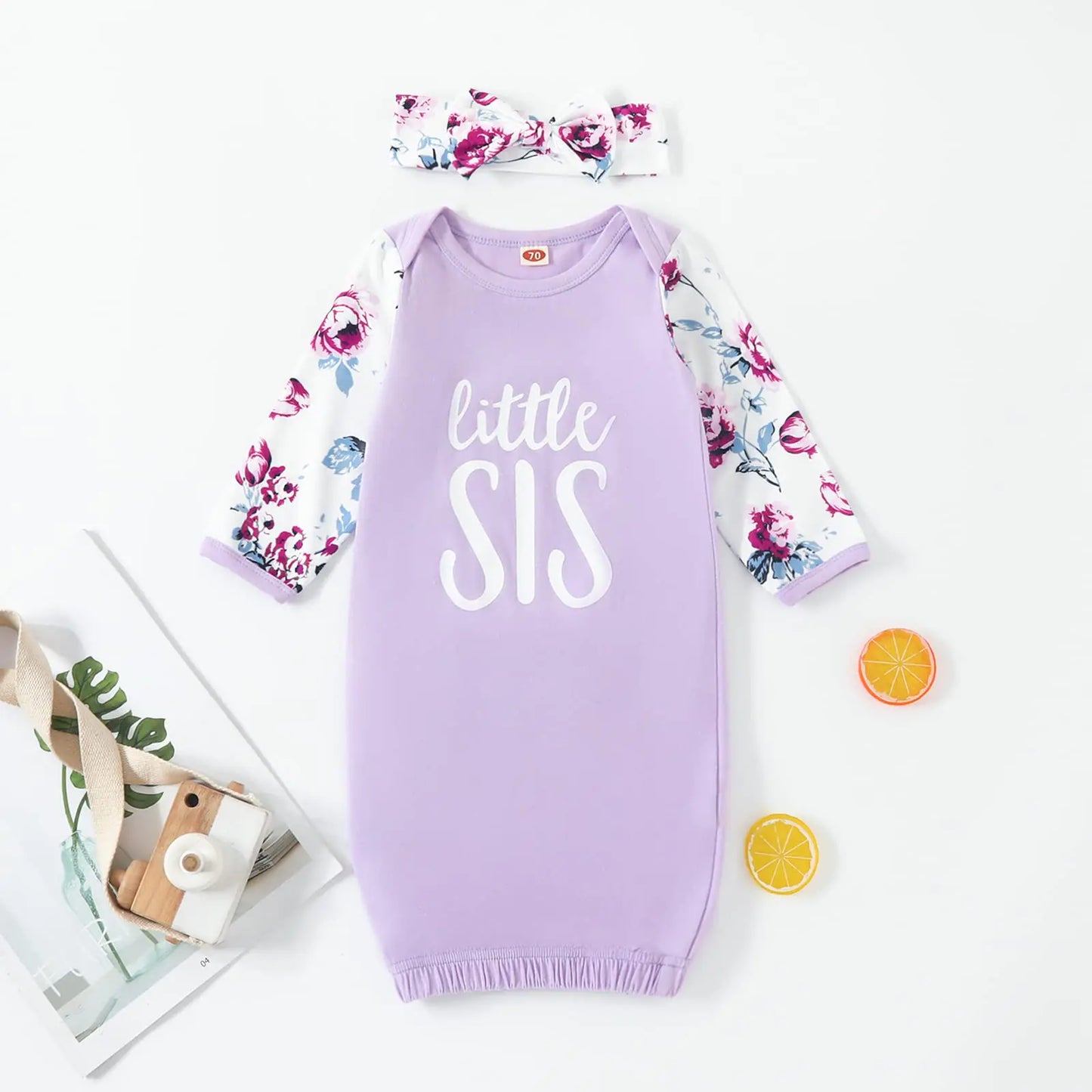 AMAWMW Newborn Baby Girl Little Sister Sleeper Gown Stripe Long Sleeve Nightgown Pajamas Gifts Stuff Essential Outfit A Purple Flower Sleeve 0-6 Months