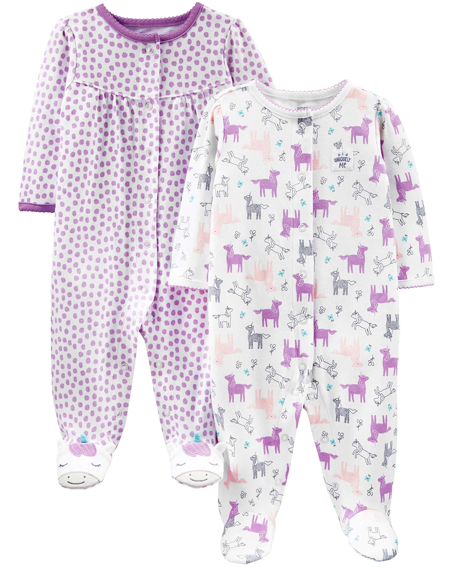 Simple Joys by Carter's Baby Girls' 2-Pack Cotton Snap Footed Sleep and Play 3-6 Months Purple Dots/White Unicorn