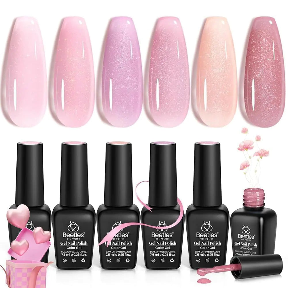 Beetles Jelly Gel Nail Polish, 6pcs Glitter Nude Sheer Light Baby Pink Natural Gel Polish Shimmer Nail Color Gel Soak off UV LED Cured Art Manicure Set Nail Art Salon Home Gifts for Women 0 - 6 Colors Romantic Shimmer