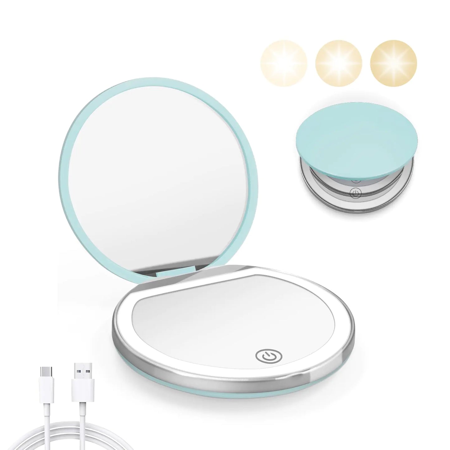 Compact Mirror with Light, 1X/3X Magnification LED Pocket Mirror with USB Data Cable, Mint Green Mini Mirror for Purse, Pocket,Travel and Present