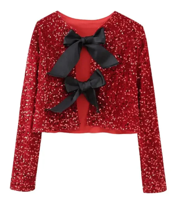 Versatile Bowknot Decoration Sequined Short Coat