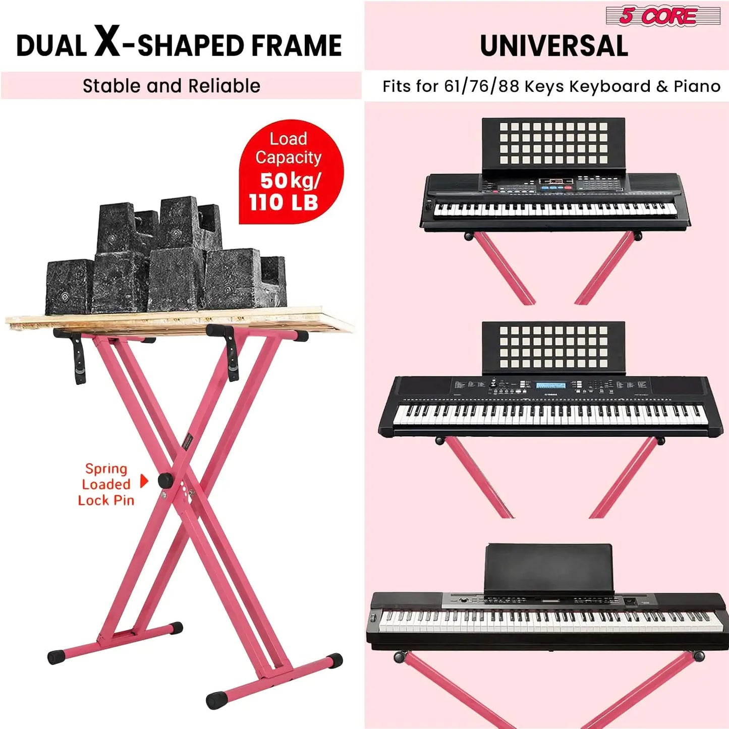 5Core Keyboard Stand Double X Style Adjustable Lift Piano Riser For 49 To 88 Keys BABY PINK