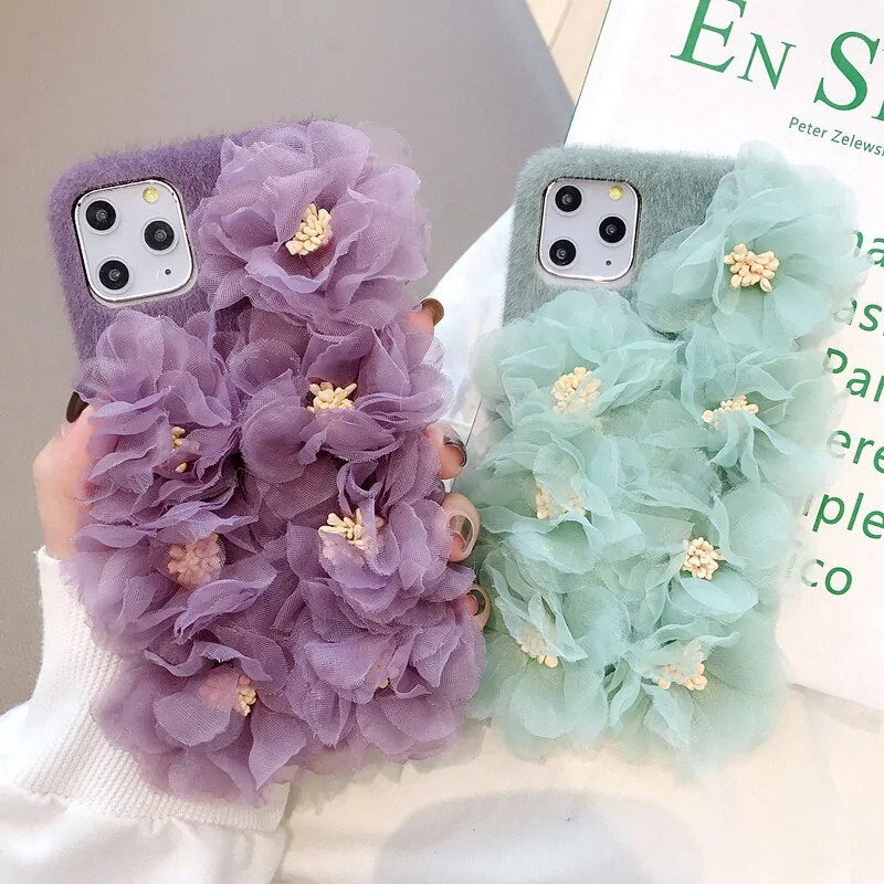 3D Lace Flower Furry Phone Case Cover for iPhone Models