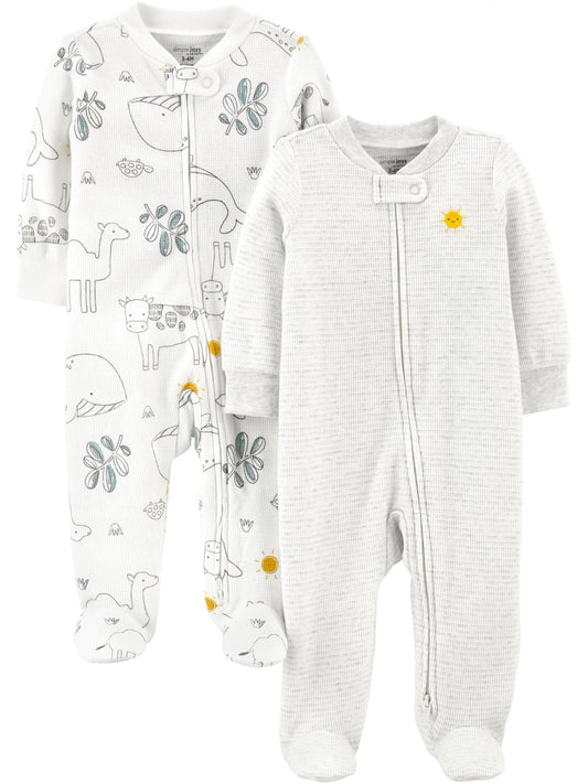 Simple Joys by Carter's Baby 2-Way Zip Thermal Footed Sleep and Play, Pack of 2 6-9 Months Animal/Sun