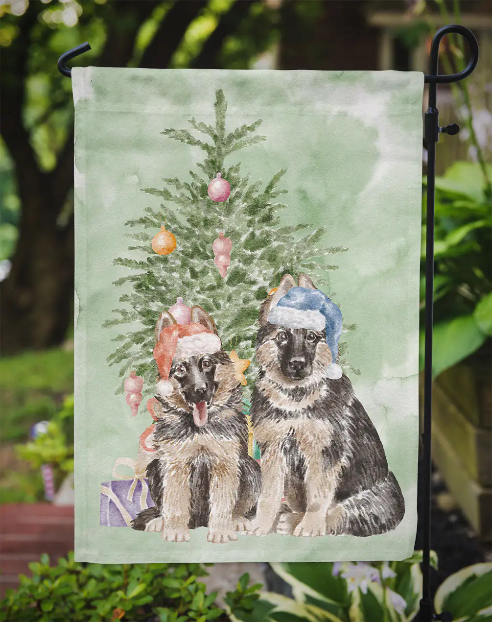 German Shepherd Momma Baby Christmas Presents and Tree Garden Flag