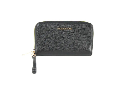 Michael Kors Jet Set Large Leather Black Gold Multifunction Phone Wristlet Wallet