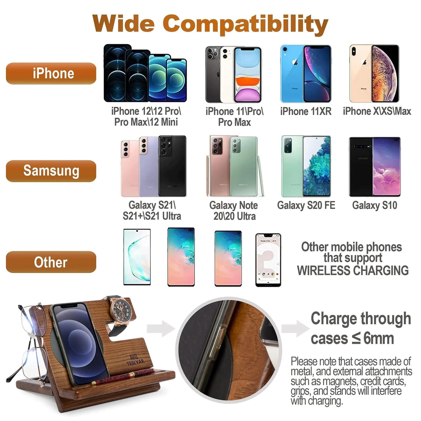 Phone Docking Station Ergonomic Wallet Stand Watch Organizer Natural Wooden Gift