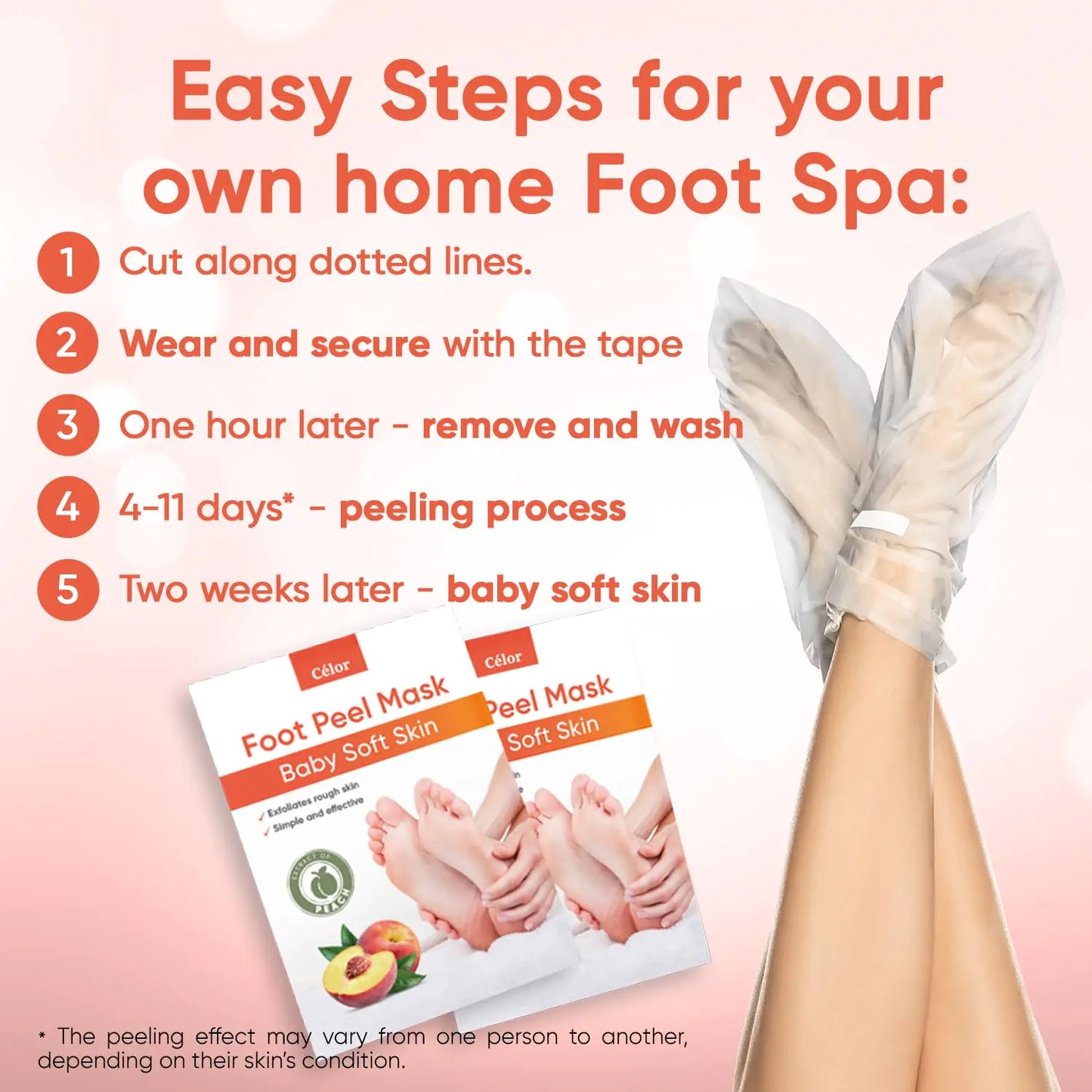 Foot Peel Mask (5 Pairs) - Foot Mask for Baby Soft Skin - Remove Dead Skin, Dry, Cracked Feet & Callus, Foot Spa, Made with Aloe Vera Extract for Women and Men Feet Peeling Mask Exfoliating, Peach 5 Pair (Pack of 1)