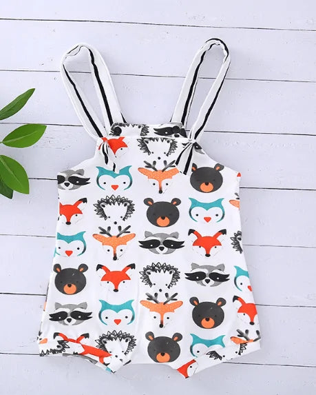 Newborn Baby Strappy Romper Jumpsuit: Cartoon Animals Print, 0-24M