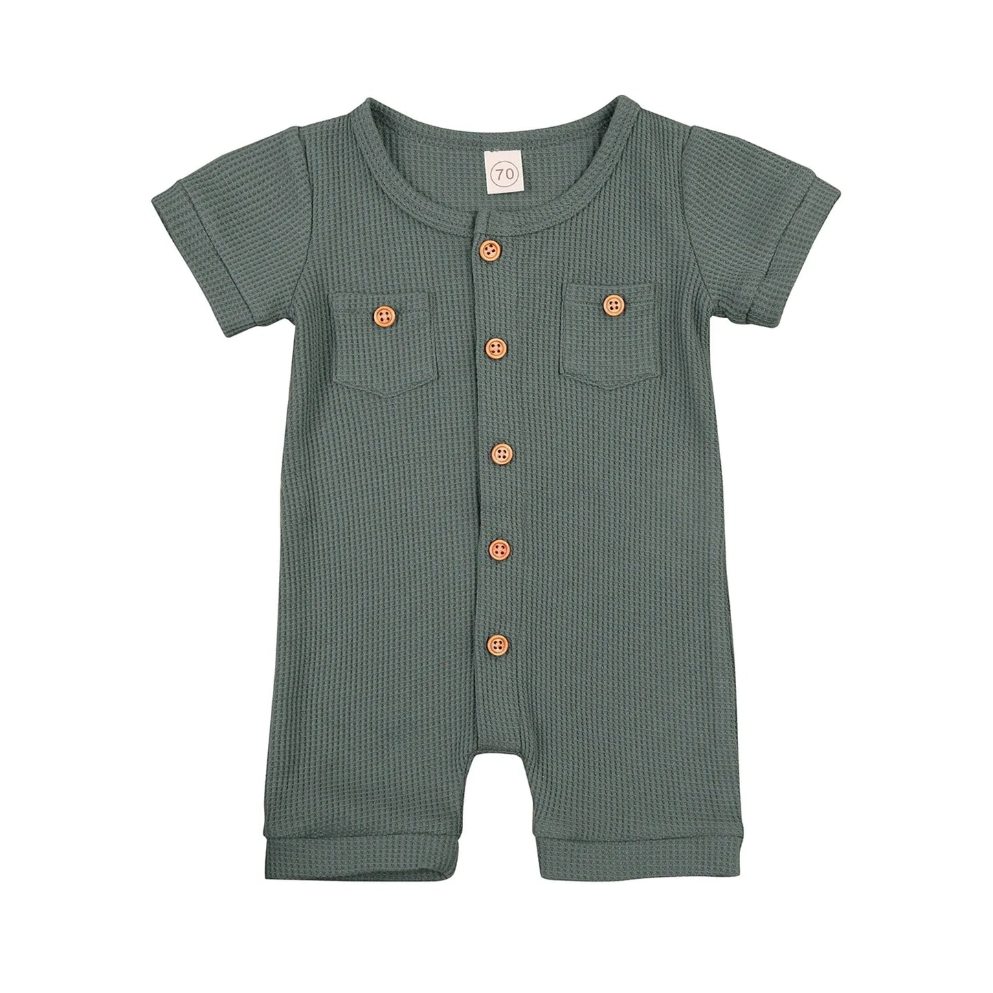 Solid Color Short Sleeve Round Neck Button Baby Playsuit