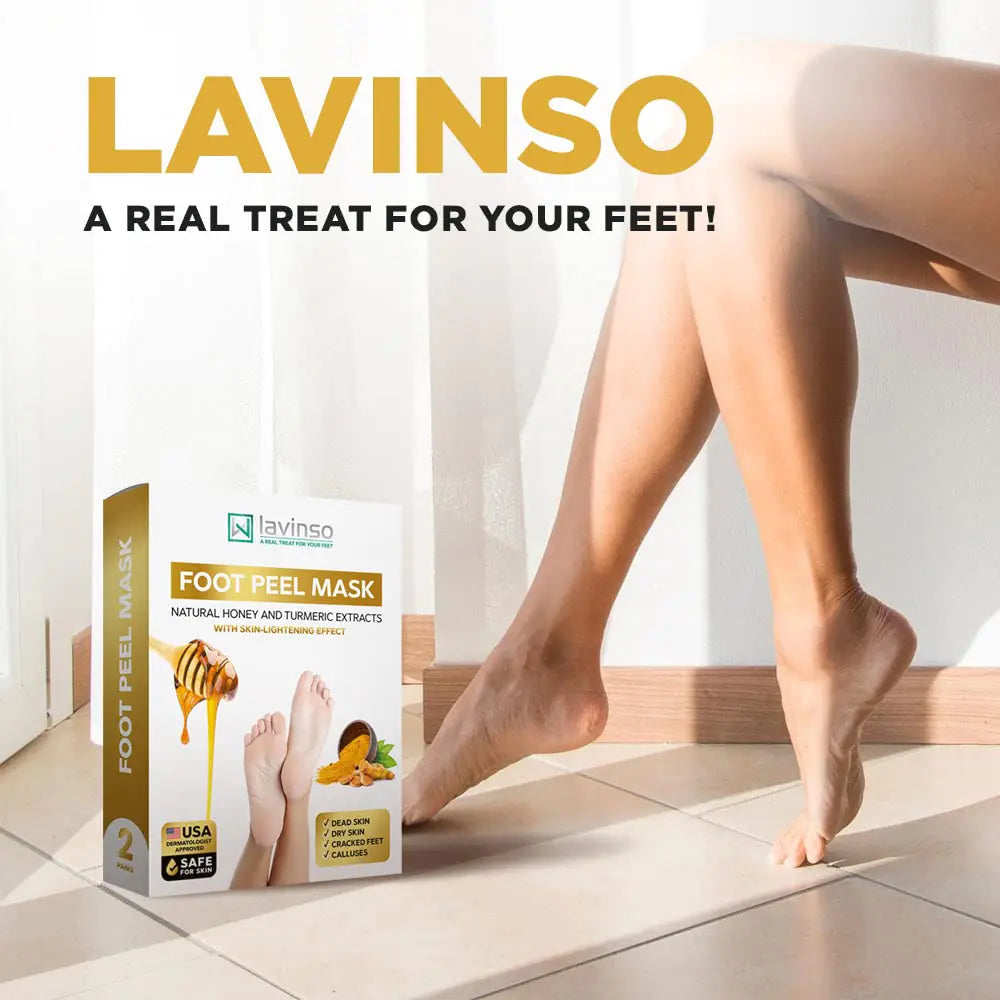 Lavinso Honey Feet Peeling Mask for Dry Cracked Feet - 4 Pack - with Kojic Acid Skin Brightening Effect - Exfoliating Dead Skin and Calluses - Foot Peel Mask for Baby Soft Feet Honey and Turmeric 1 Count (Pack of 4)