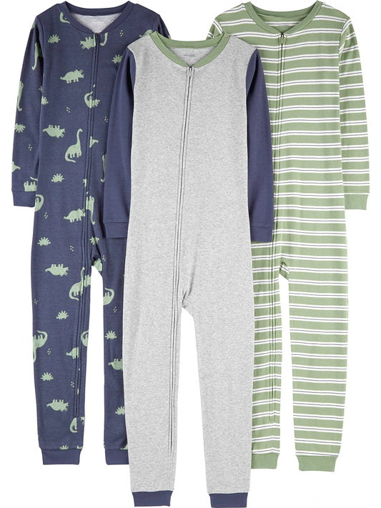 Simple Joys by Carter's Baby Boys' 3-Pack Snug Fit Footless Cotton Pajamas 5 Grey Heather/Olive Dinosaur/Stripe