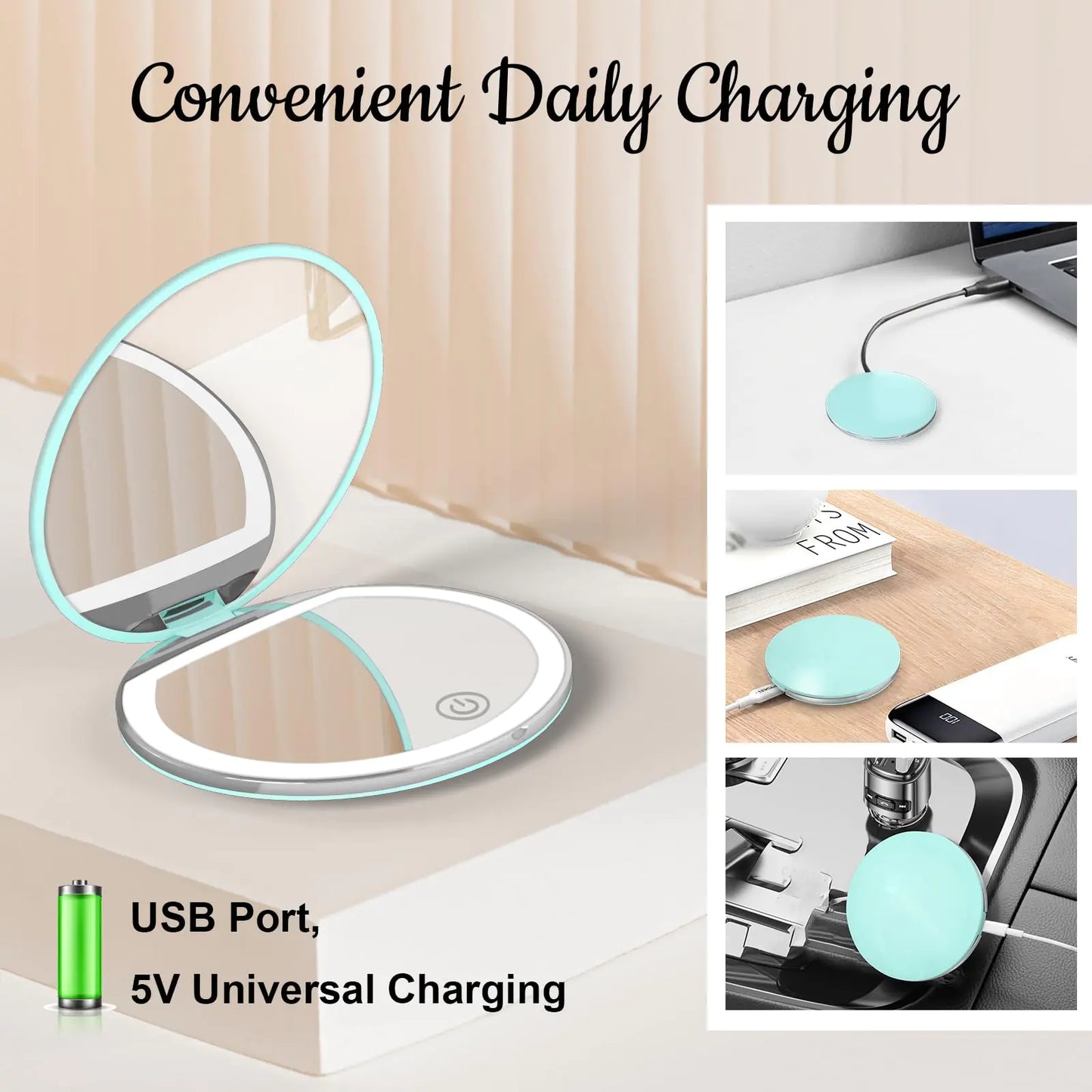 Compact Mirror with Light, 1X/3X Magnification LED Pocket Mirror with USB Data Cable, Mint Green Mini Mirror for Purse, Pocket,Travel and Present