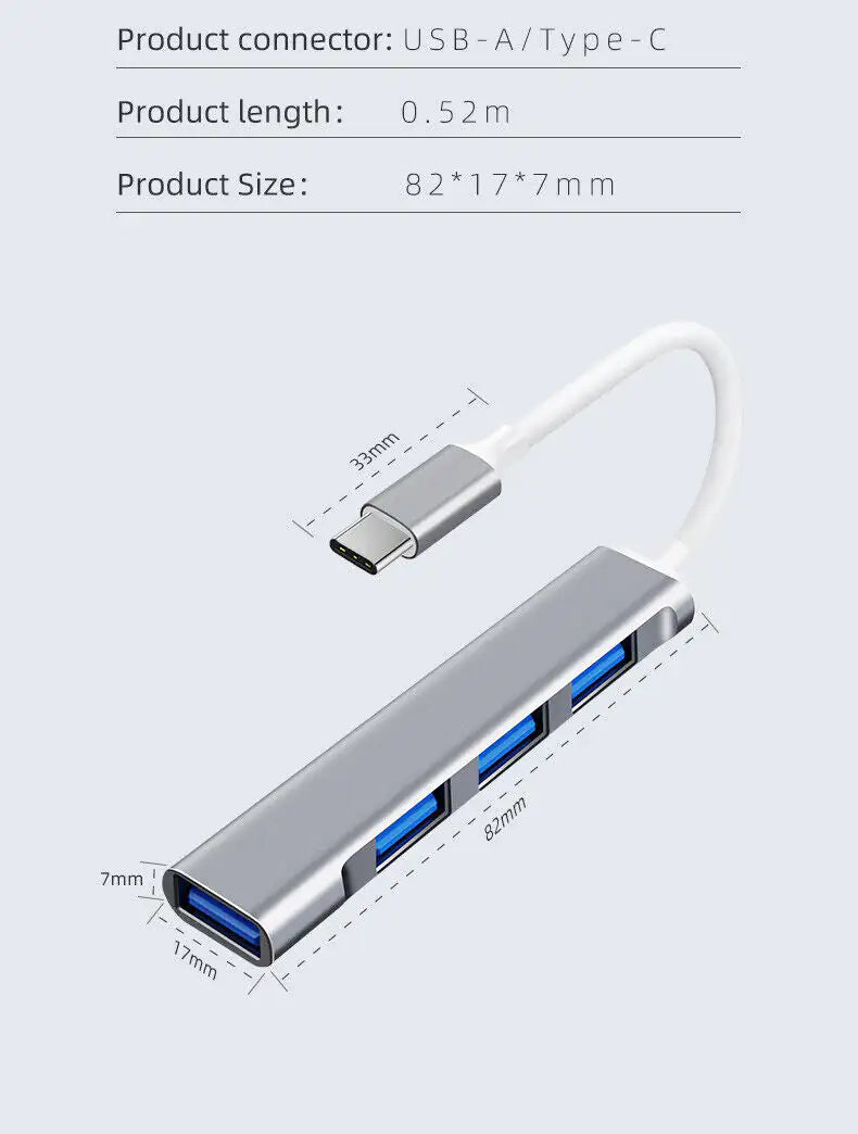 USB-C Type C to USB 3.0 4 Port Hub Splitter For PC Mac Phone MacBook Pro iPad