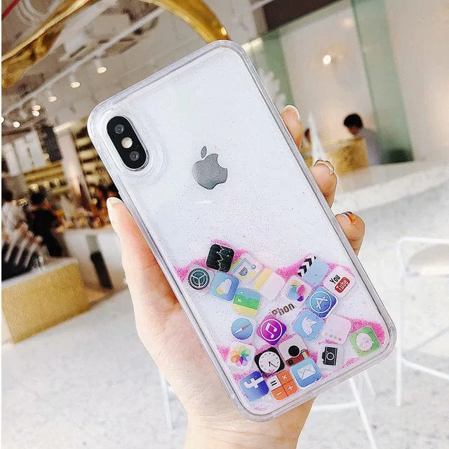 luxury Dynamic liquid Glitter Phone Case For iPhone Quicksand Cover Cute APP icon Case For iPhone X XR XS MAX