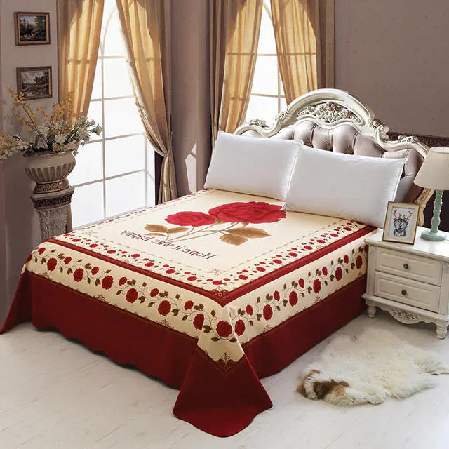 Chic Red Blossom Flowers Printed Watercolor Bed Sheet