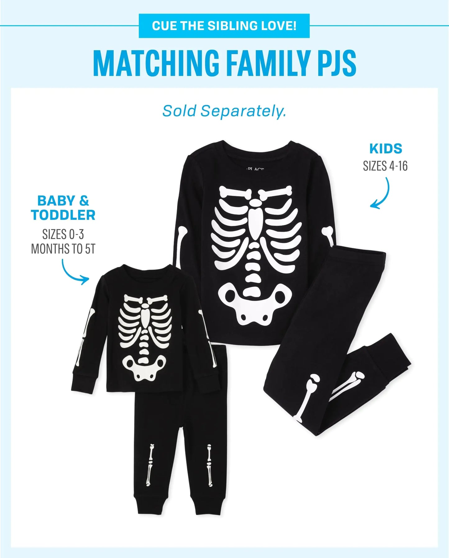 The Children's Place Baby, Toddler and Big Kids' Siblings Matching Halloween Pajama Sets, Cotton Baby/Toddler 2 Piece 0-3 Months Skeleton