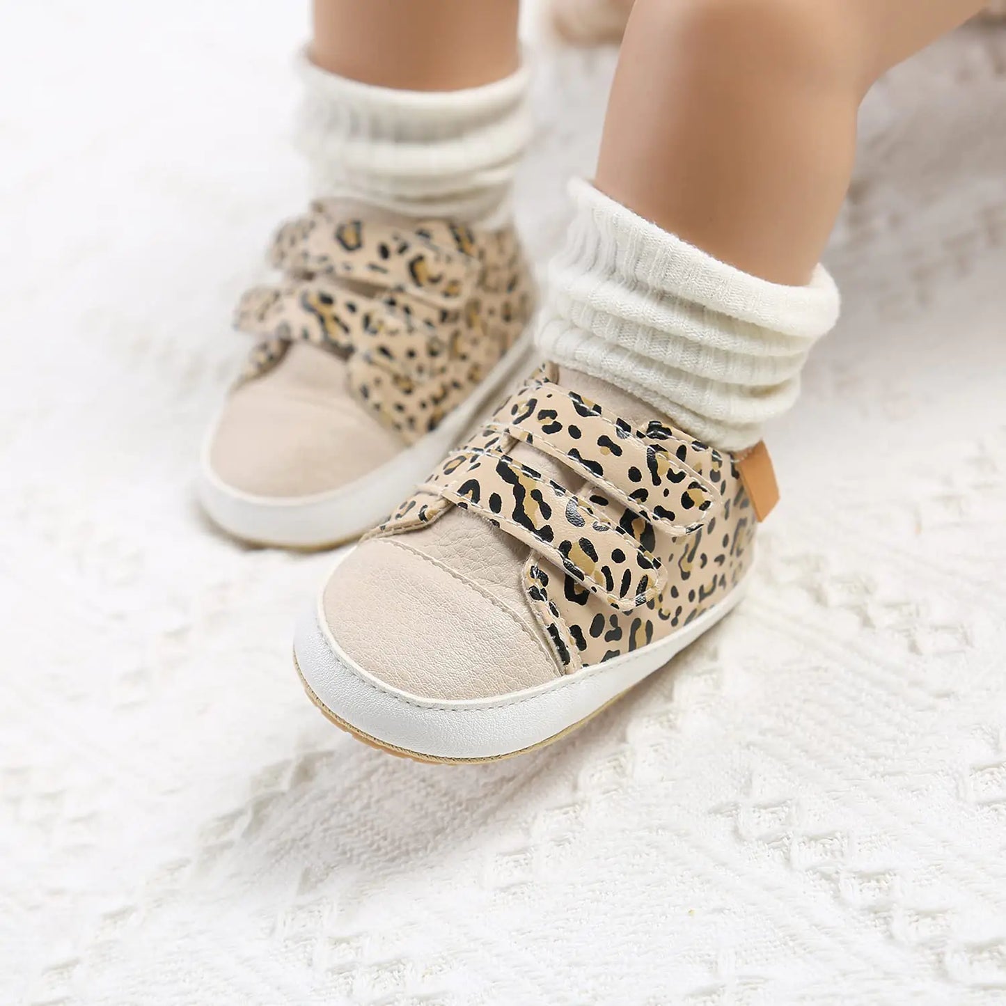 Baby Boys Girls Shoes Non-Slip Rubber Sole High-Top PU Leather Sneakers Infant First Walking Shoes Toddler Crib Shoes Newborn Loafers Flats 6-12 Months Infant A/Leopard