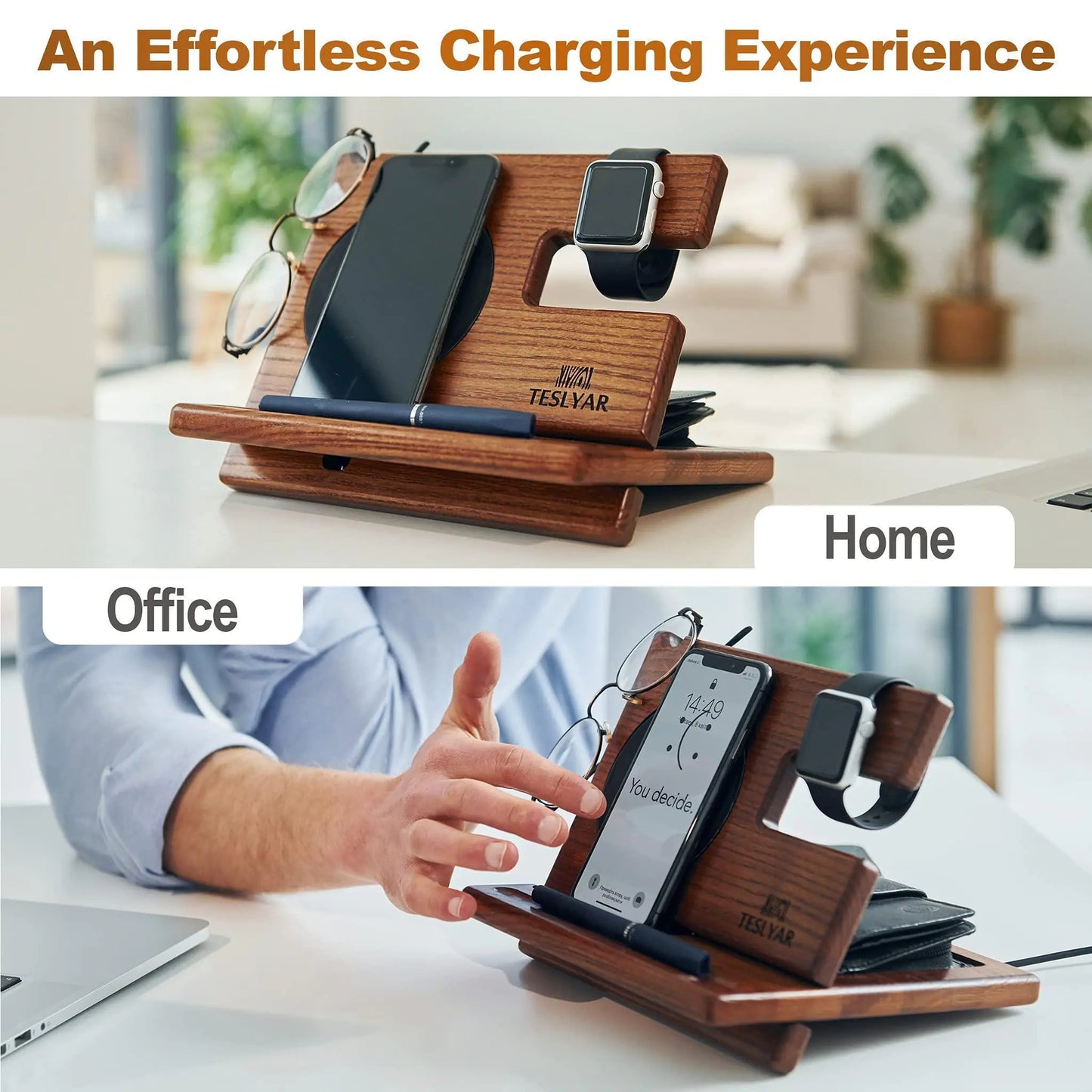 Phone Docking Station Ergonomic Wallet Stand Watch Organizer Natural Wooden Gift