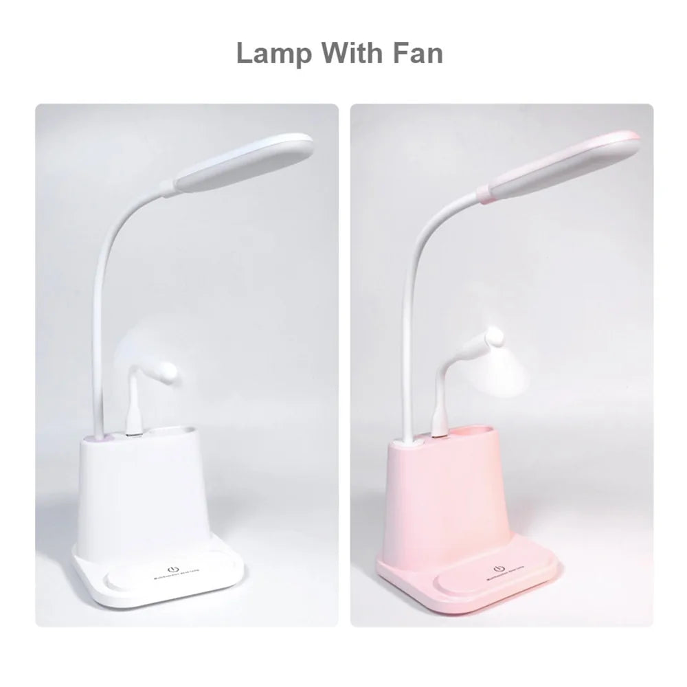 USB Rechargeable LED Desk Lamp: Touch Dimming, Phone Holder, Fan, Brush Pot