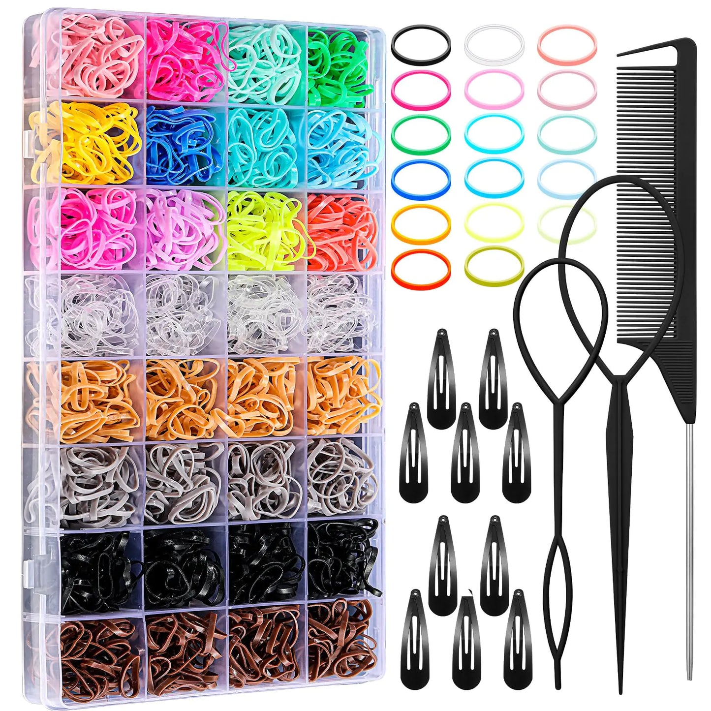 Hair Ties, 17 Colors Elastic Hair Rubber Bands, 2000 Pcs Baby Hair Ties with Hair Styling Tools Organizer Box for Girls, Women, Toddler Neutral Multicolor