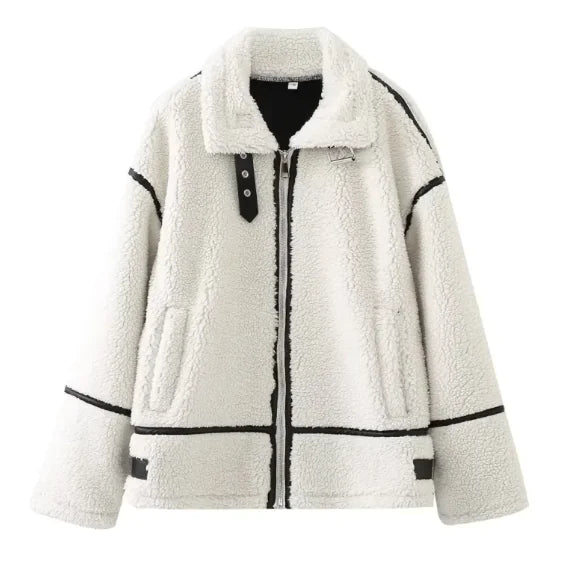 Women's Fashion Loose Patchwork Easy Matching Lambswool Jacket