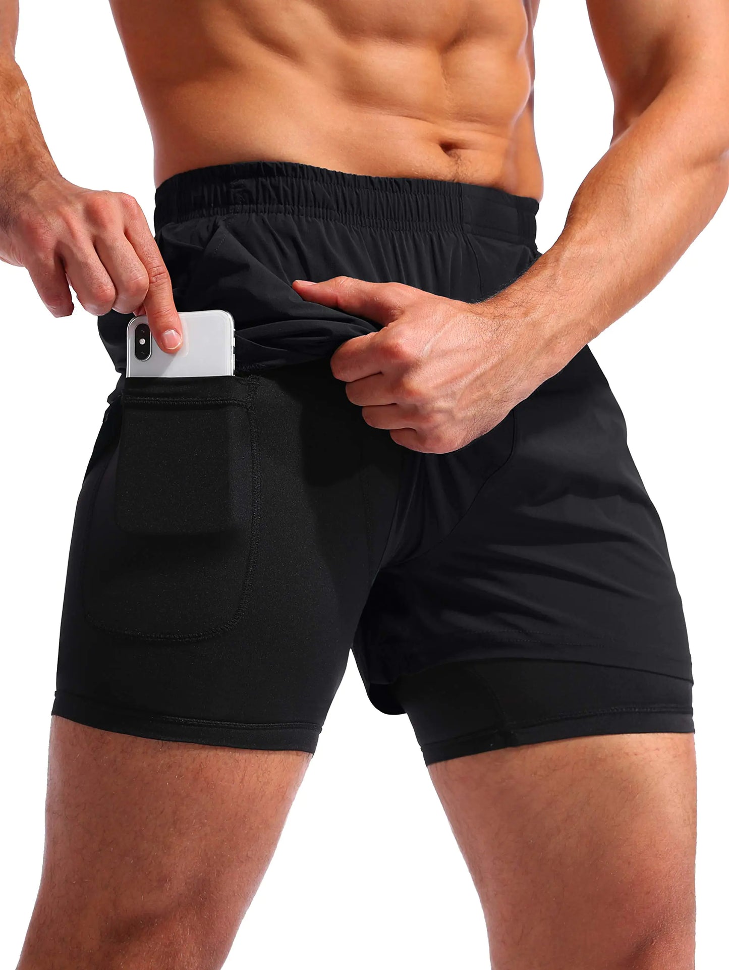 Pudolla Men’s 2 in 1 Running Shorts 5" Quick Dry Gym Athletic Workout Shorts for Men with Phone Pockets Medium Black