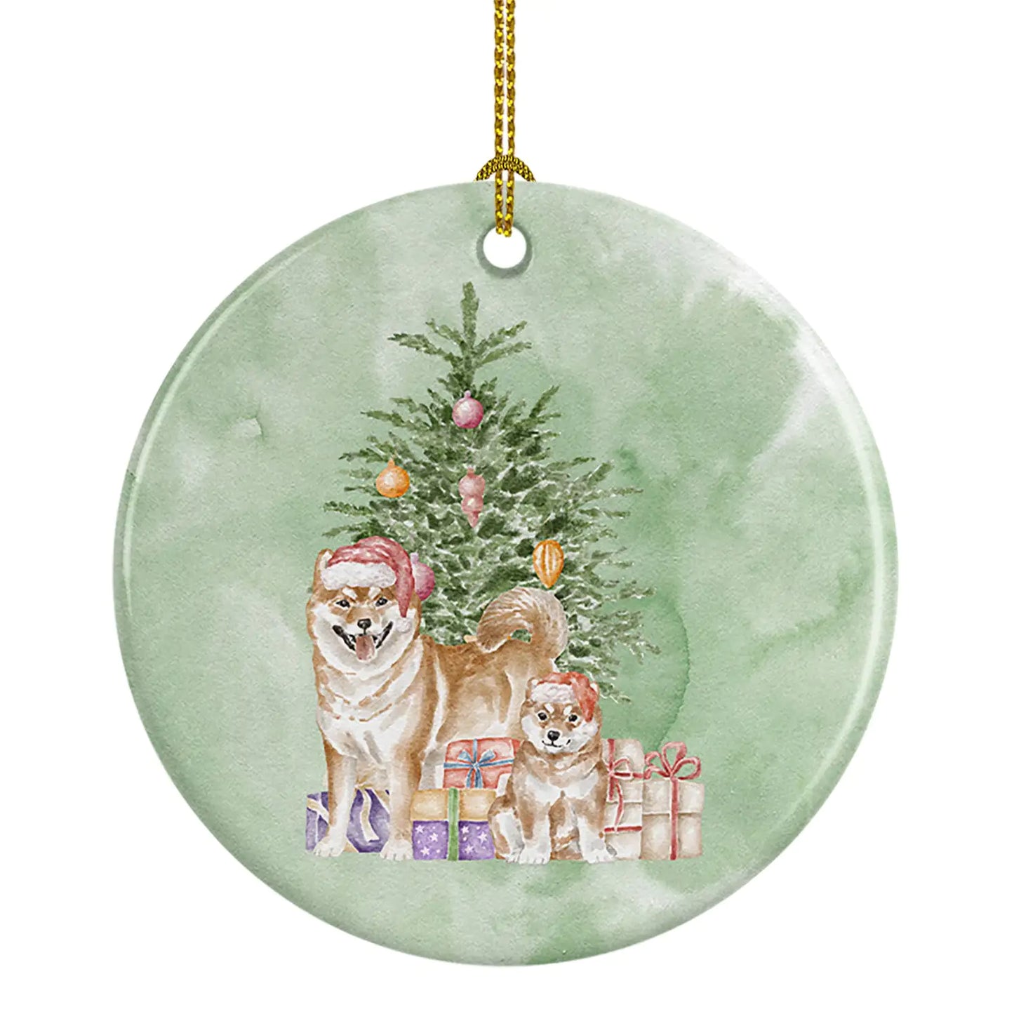 Shiba Inu Momma and Baby Christmas Presents and Tree Ceramic Ornament