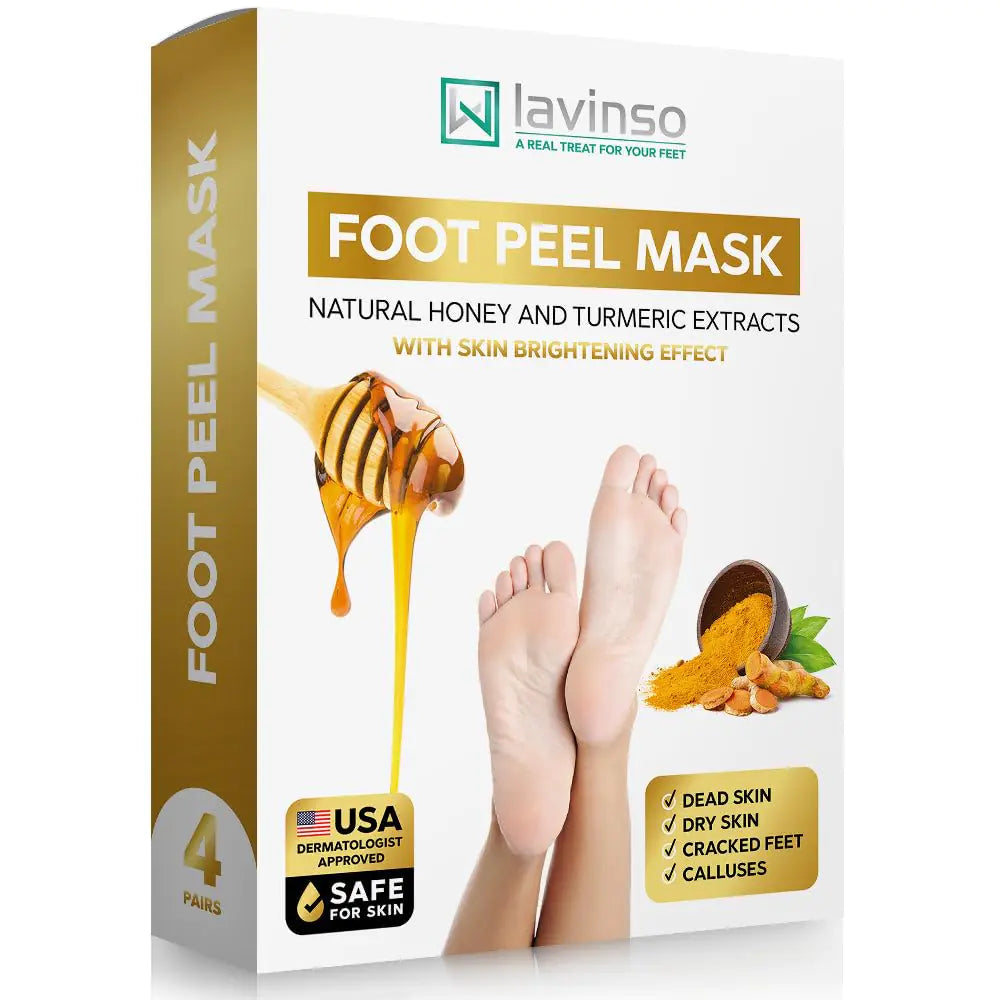 Lavinso Honey Feet Peeling Mask for Dry Cracked Feet - 4 Pack - with Kojic Acid Skin Brightening Effect - Exfoliating Dead Skin and Calluses - Foot Peel Mask for Baby Soft Feet Honey and Turmeric 1 Count (Pack of 4)