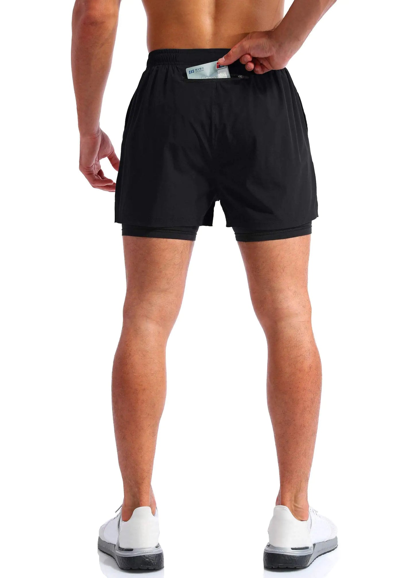 Pudolla Men’s 2 in 1 Running Shorts 5" Quick Dry Gym Athletic Workout Shorts for Men with Phone Pockets Medium Black