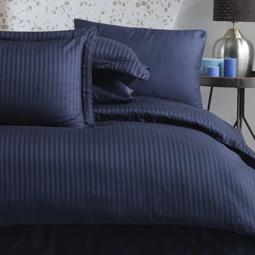 Hobby striped navy blue - double jacquard satin bed linen set