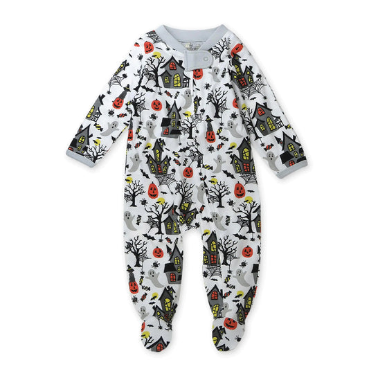 HonestBaby Sleep and Play Footed Pajamas One-Piece Sleeper Jumpsuit Zip-Front PJs Organic Cotton for Baby Boys, Unisex 1 Haunted House 0-3 Months