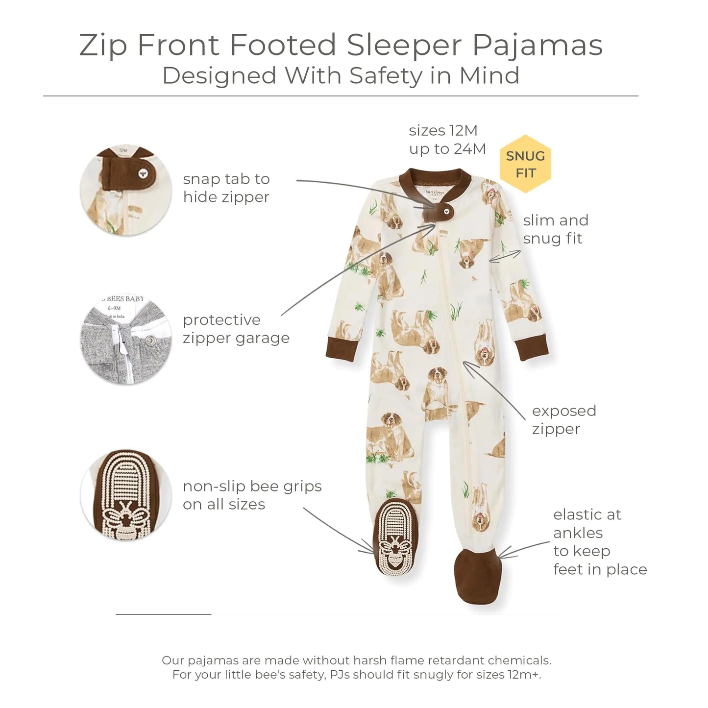 Burt's Bees Baby Baby Boys' Pajamas, Zip-Front Non-Slip Unisex Footed Sleeper Pjs, Organic Cotton 18 Months St Bernard Dog 1