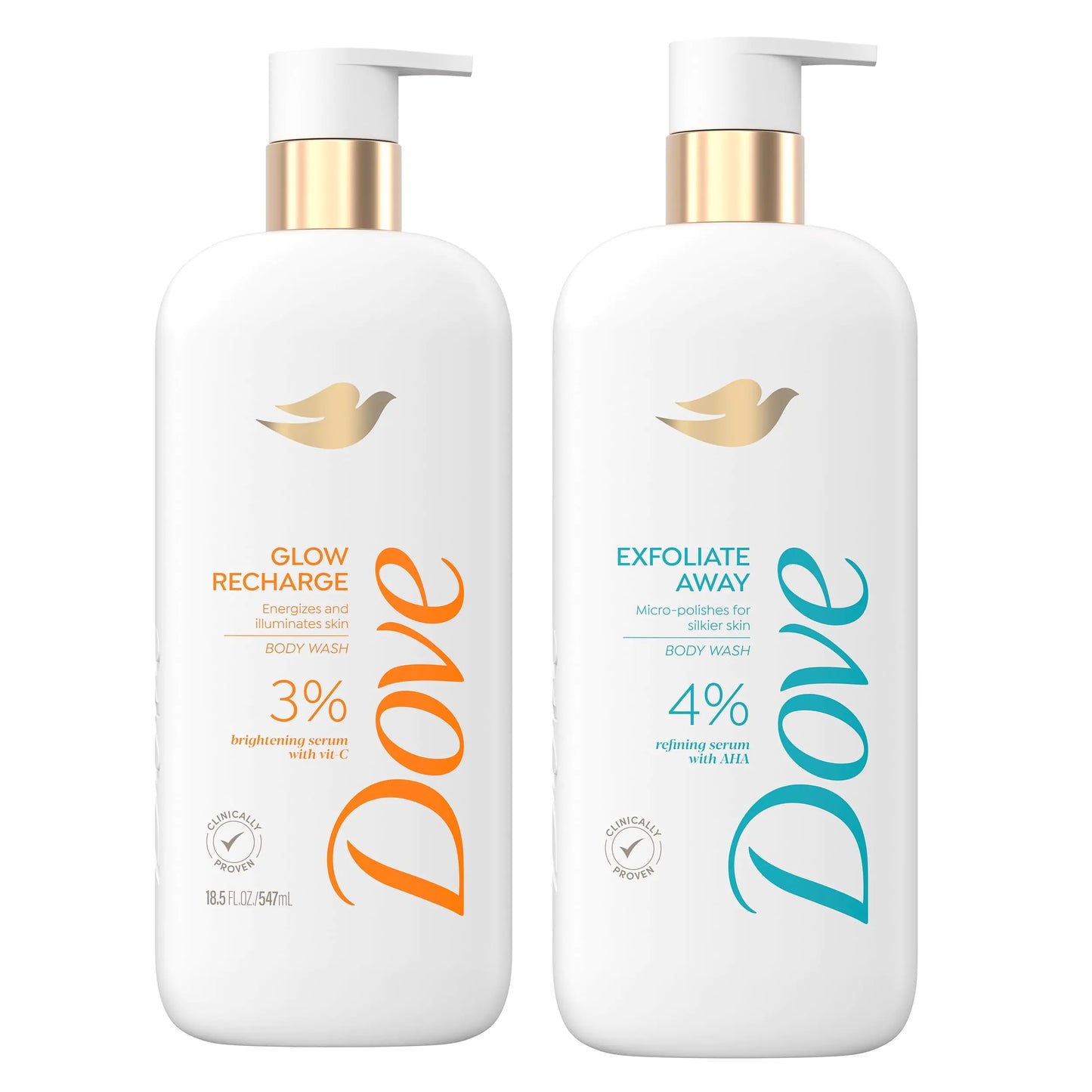 Dove Exfoliating Body Wash Glow Recharge Energizes & illuminates skin 3% brightening serum & Body Wash Exfoliate Away Micro-polishes for silkier skin 4% refining serum with AHA 18.5 oz Baby Wash + Body Wash Exfoliate Away