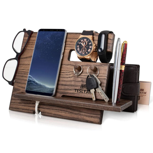 Wood Phone Docking Station Ash Key Hooks Wallet Stand Watch Organizer for Men