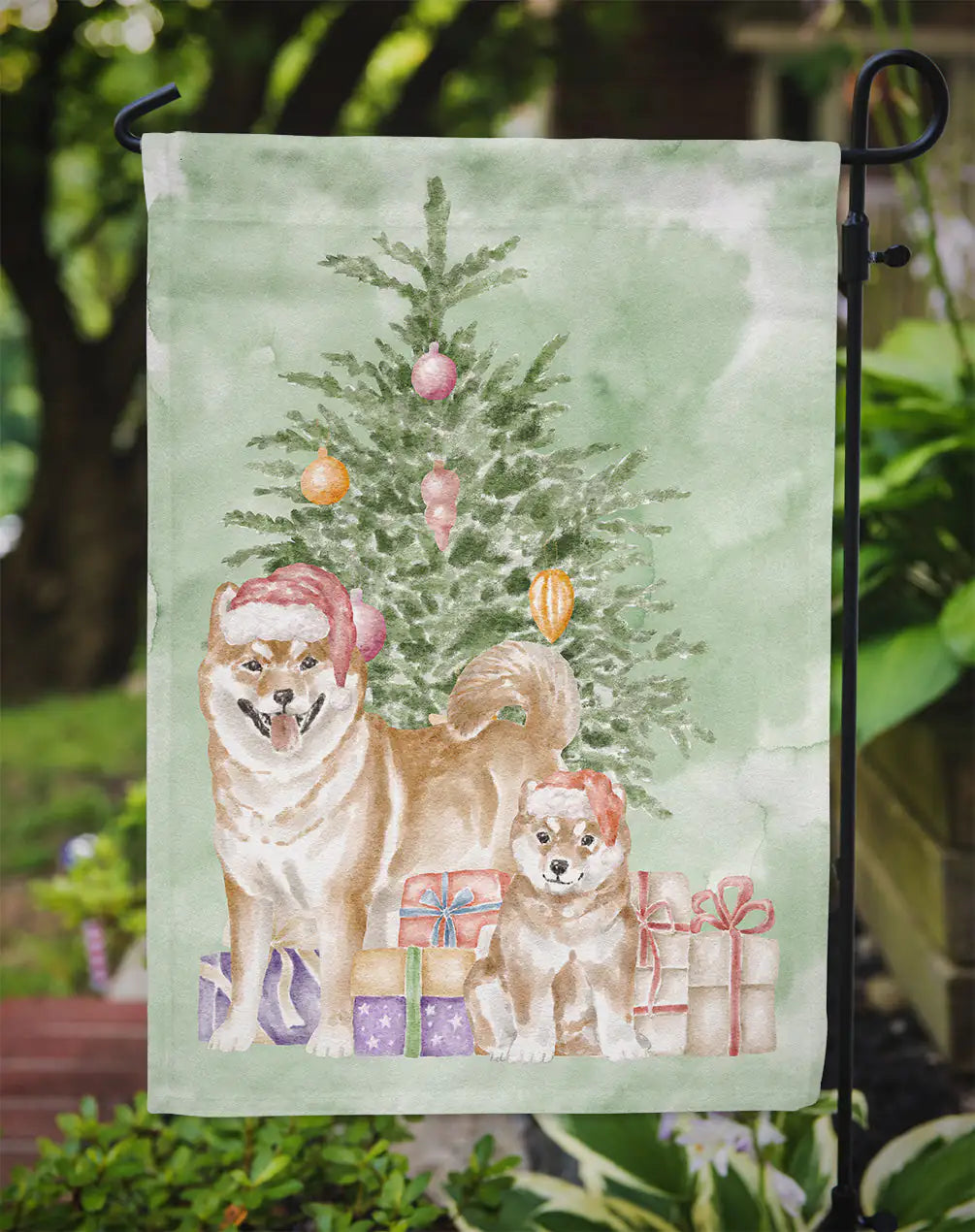 Shiba Inu Momma and Baby Christmas Presents and Tree Garden Flag