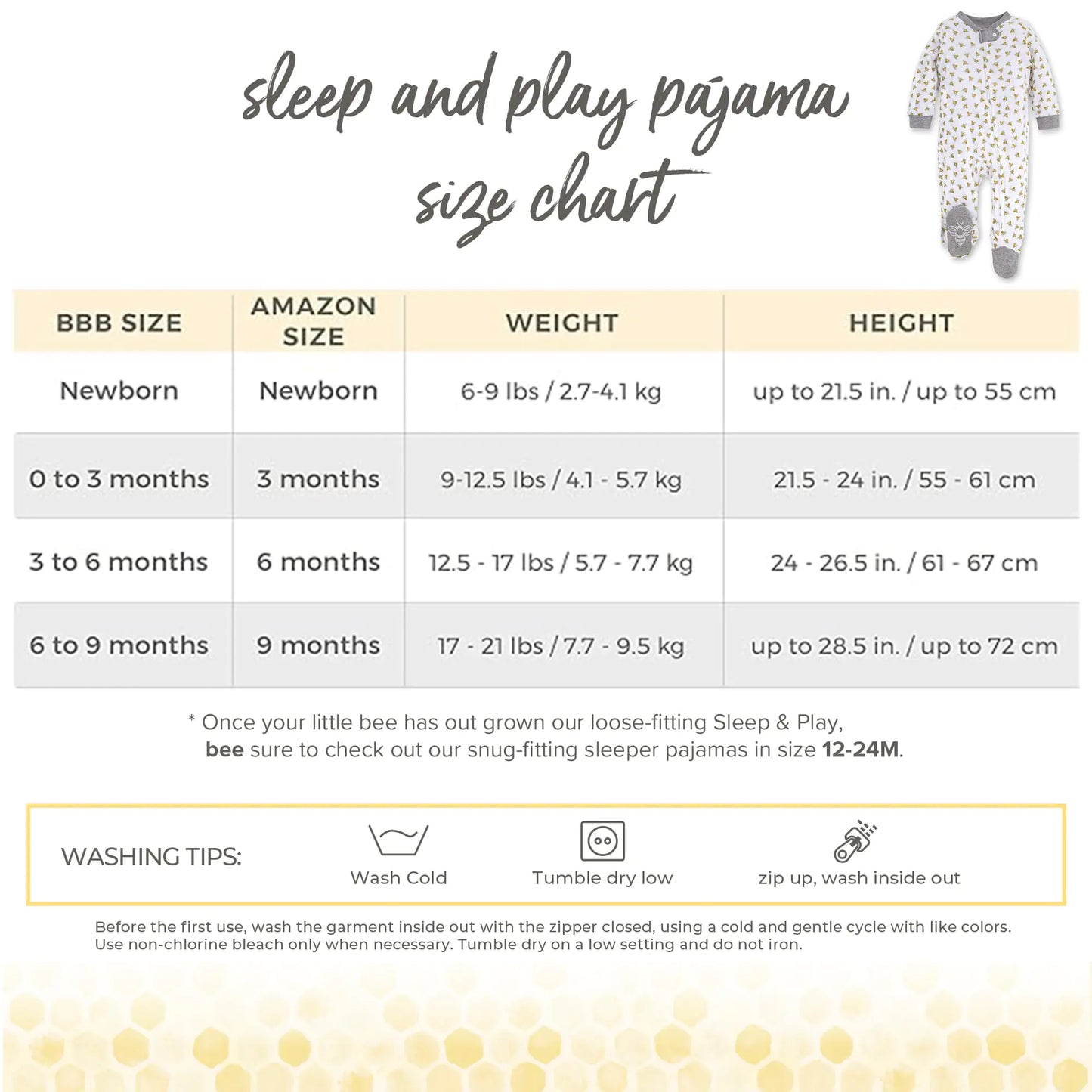 Burt's Bees Baby Boys' Sleep and Play Pjs, 100% Organic Cotton One-piece Zip Front Romper Jumpsuit Pajamas Newborn Honey Bee 1