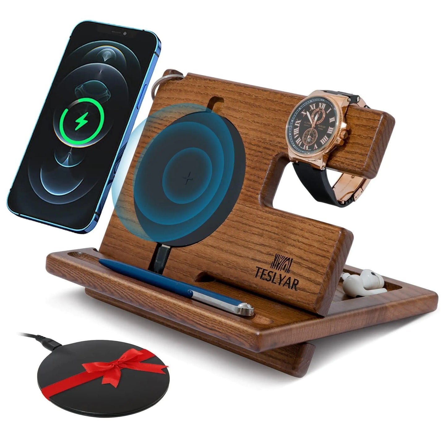 Phone Docking Station Ergonomic Wallet Stand Watch Organizer Natural Wooden Gift