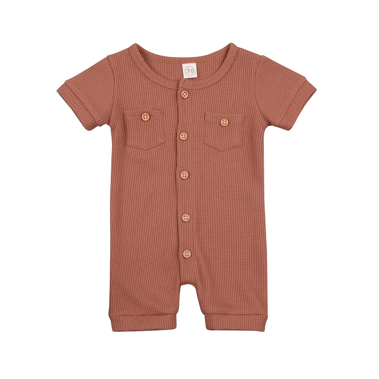 Solid Color Short Sleeve Round Neck Button Baby Playsuit