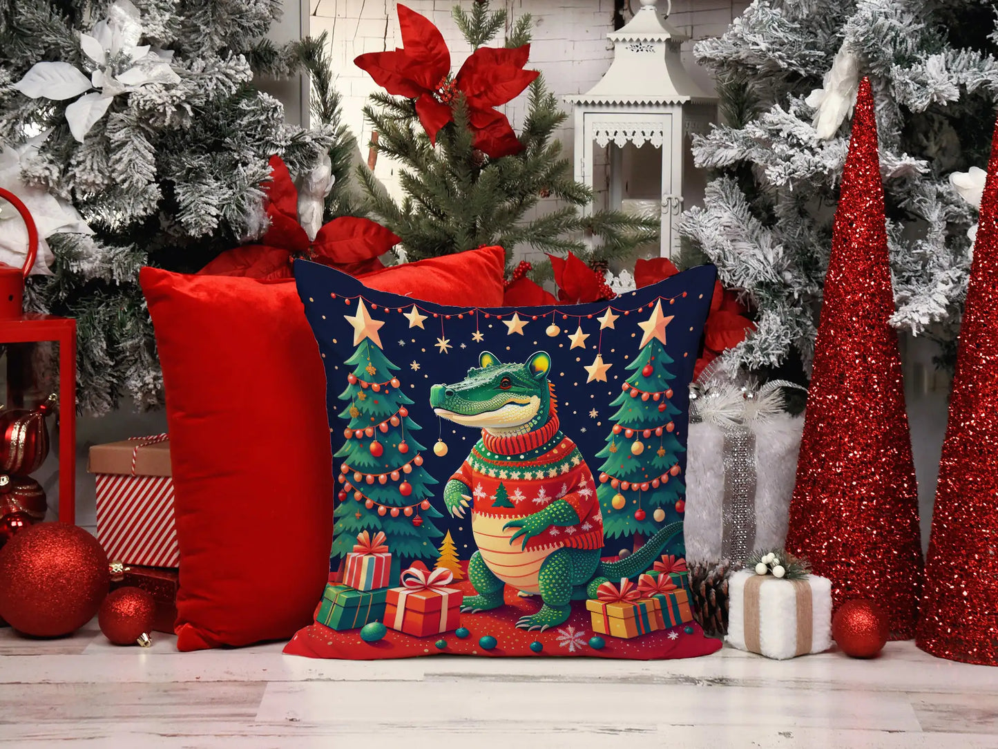 Alligator Christmas Throw Pillow