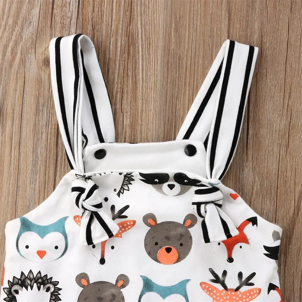 Newborn Baby Strappy Romper Jumpsuit: Cartoon Animals Print, 0-24M