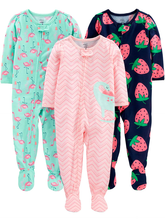 Simple Joys by Carter's Toddlers and Baby Girls' Loose-Fit Polyester Jersey Footed Pajamas, Pack of 3 6-9 Months Dinosaur/Flamingo/Strawberry Print