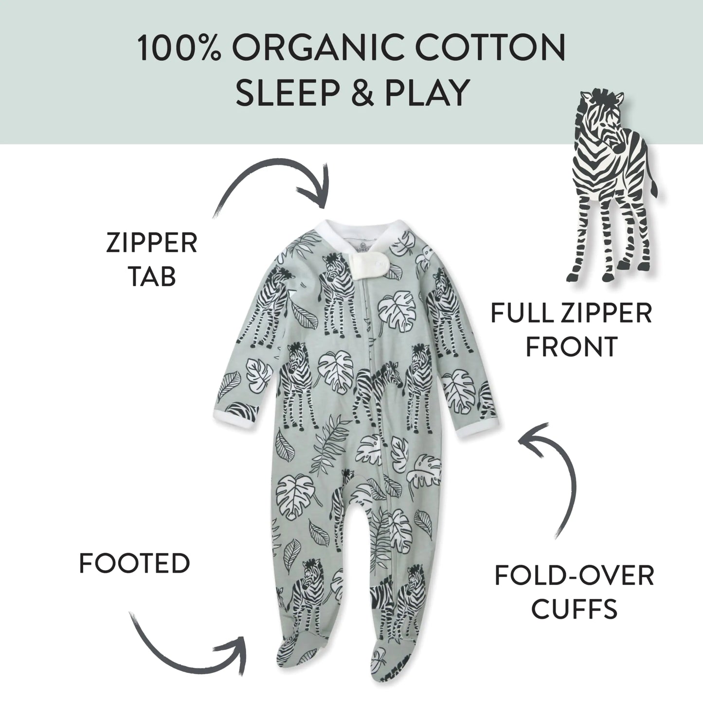 HonestBaby Baby Girls' Sleep and Play Footed Pajamas One-Piece Sleeper Jumpsuit Zip-Front Cotton Pjs 1 Baby Zebra Camo 0-3 Months