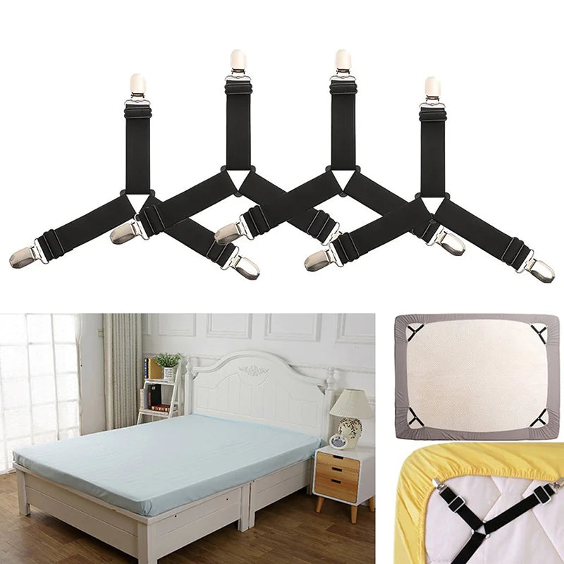 4 Bed Sheet Fasteners Adjustable Elastic Suspenders Straps Mattress Covers Clips