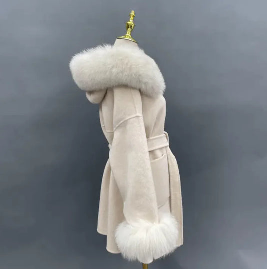 Fur Collar Hood Woolen Coat