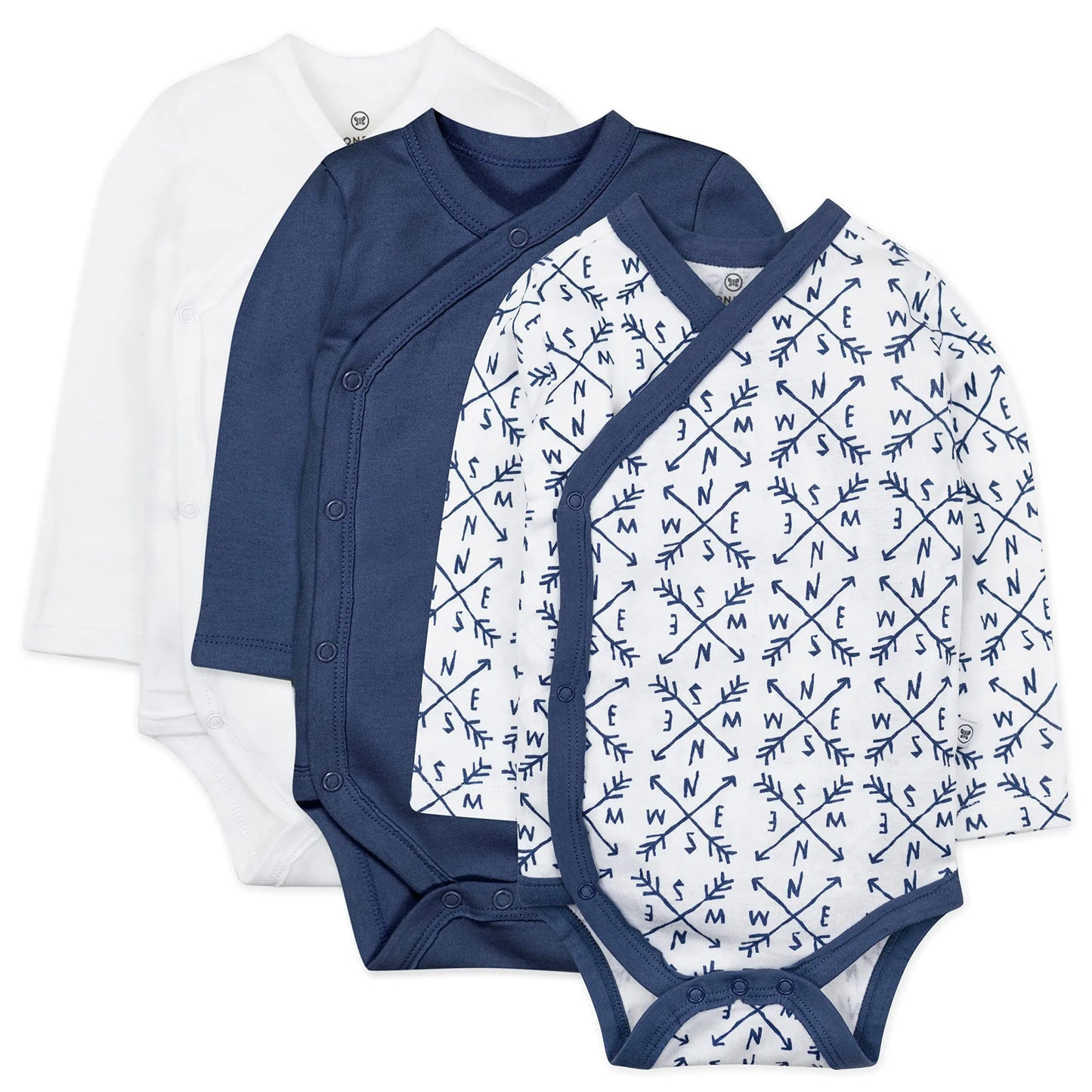 HonestBaby unisex-baby 3-pack Long Sleeve Side-snap Kimono Bodysuits Organic Cotton for Infant Baby Boys, Girls, Unisex 3-6 Months Compass Blue