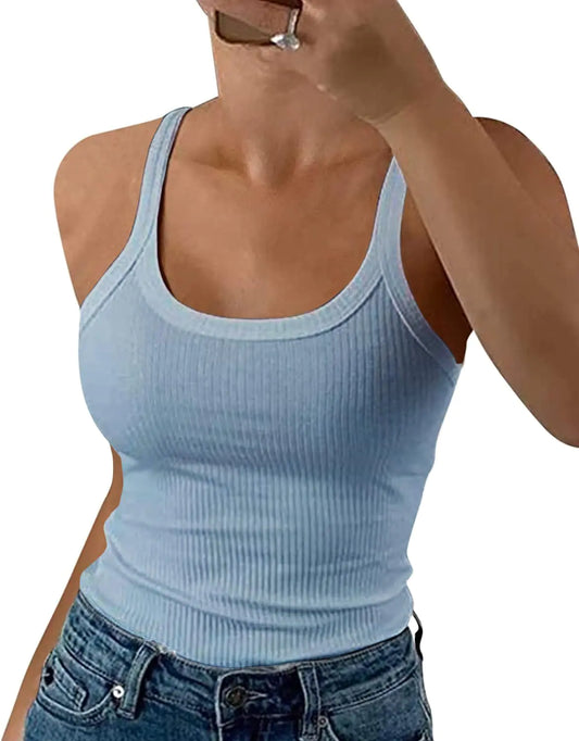 GEMBERA Women Spaghetti Strap Scoop Neck Ribbed Tank Tops Slim Fitted Cotton Camisole Basic Sleeveless Layering Shirts Large Baby Blue