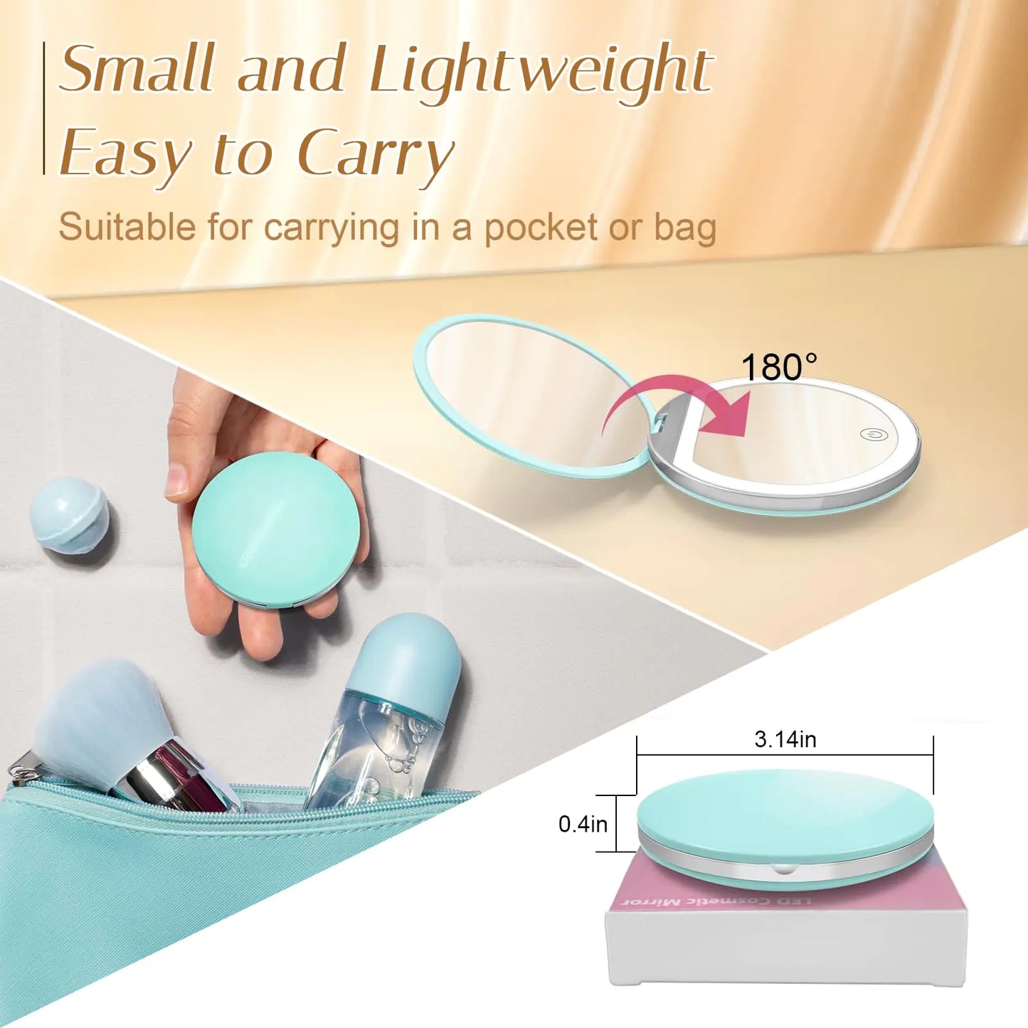 Compact Mirror with Light, 1X/3X Magnification LED Pocket Mirror with USB Data Cable, Mint Green Mini Mirror for Purse, Pocket,Travel and Present